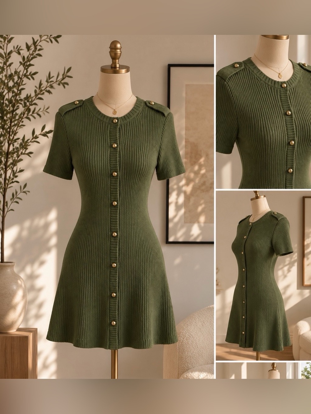 French Connection Olive Green Short-Sleeve Ribbed Button Dress